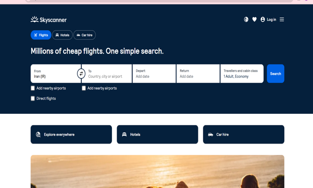 تصویری از صفحه اول موتور جستجوگر skyscanner